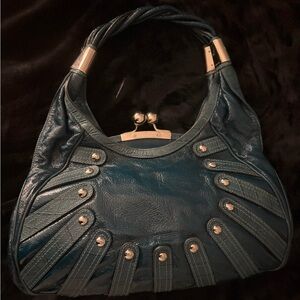 Versace Teal Blue Shoulder Bag with Silver-Tone Hardware